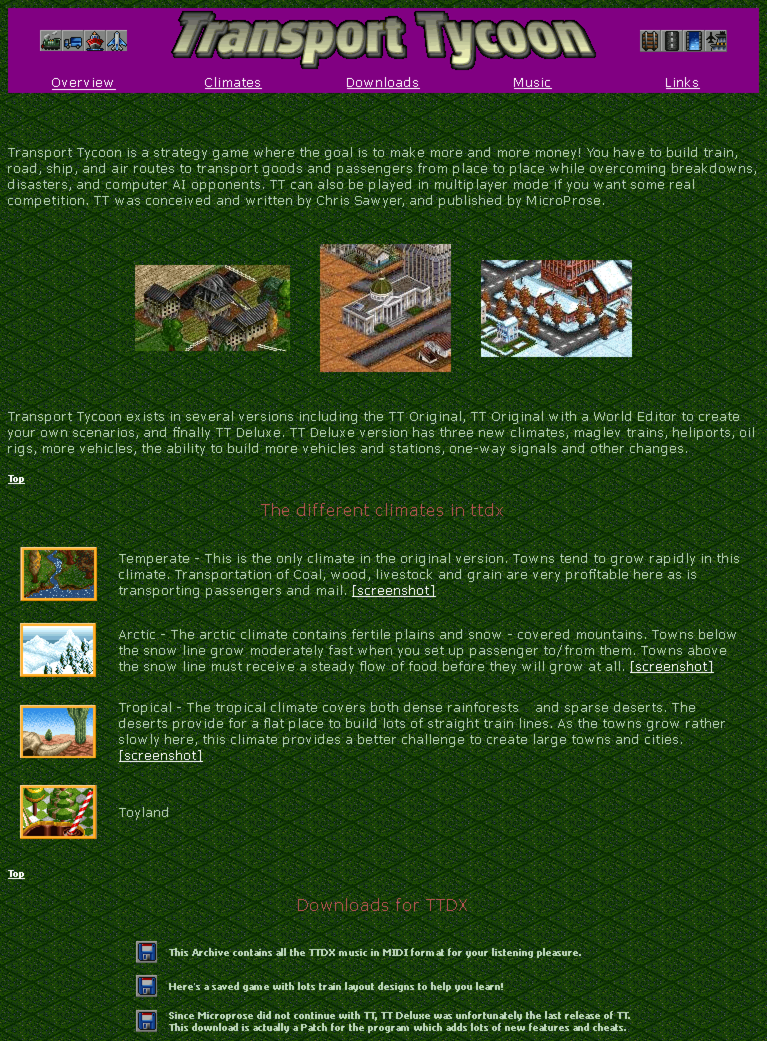a screenshot of an old website about the game Transport Tycoon Deluxe. It has a tiled green pixelated background, a vivid purple header and is full of questionable design decisions.