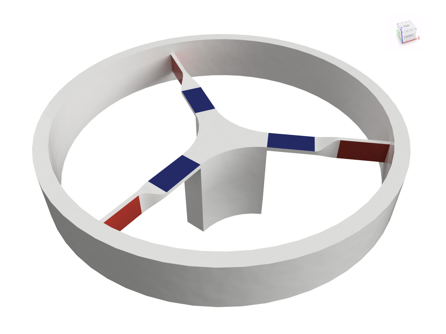 A 3D rendering showing a central pedestal with three twisted arms coming out at regularly spaced 120° angles. The arms connect to an outer ring which is the area the user would manipulate. The horizontal planar section of the twisted arms is coloured blue, and the vertical planar sections coloured red.