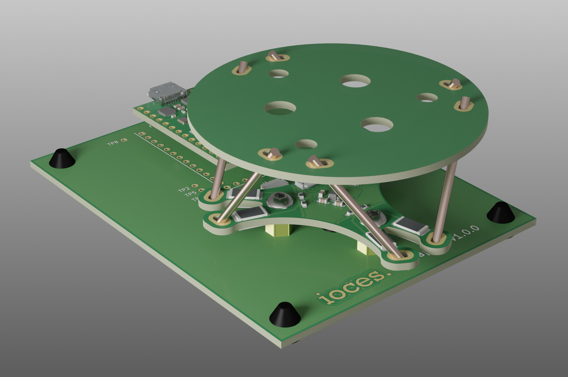 A 3D rendering of a rectangular circuit board with a Stewart platform made from PCBs on top of it. At the back of the circuit board is a small microcontroller board with a micro USB connector poking out the back.
