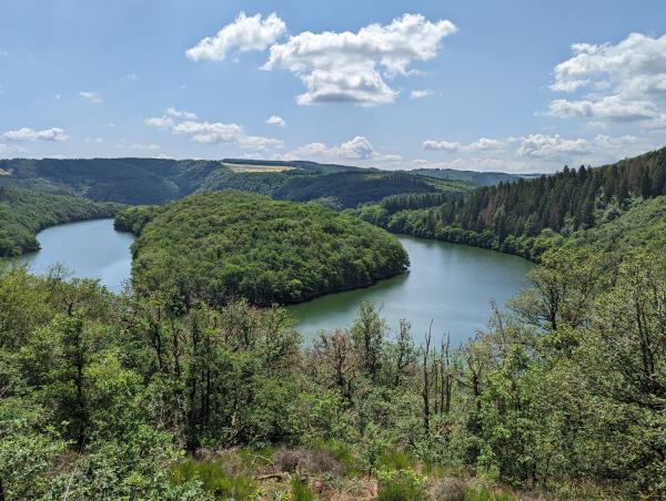 The view of a horseshoe shaped bend in a river surrounded by green forest.