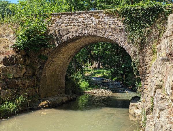 A stone arch bridge with a murky creek running underneath it.