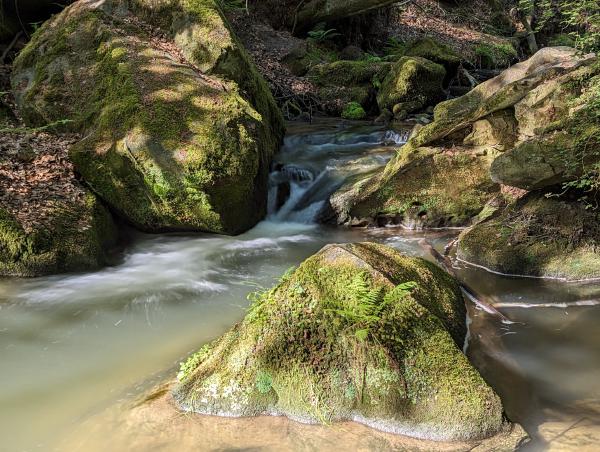 A long exposure photo of a creek with a small white-water section.