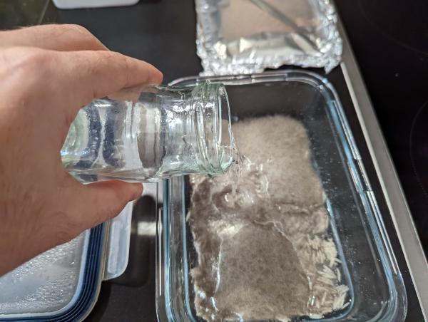 An action shot of the small glass jar of water being poured on top of the fuzzy mould.