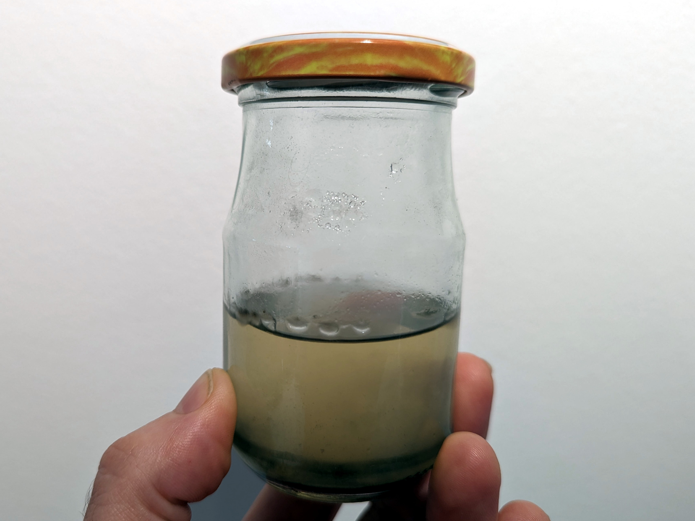 A small glass jar with cloudy beige liquid inside and a dark sludge at the bottom. There is some mould growth floating on top of the liquid.