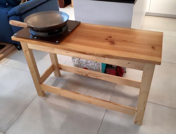 The bench with the wok burner placed into the mounting plate and a wok sitting on top.