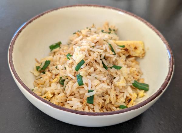 A close up photo of simple egg fried rice.