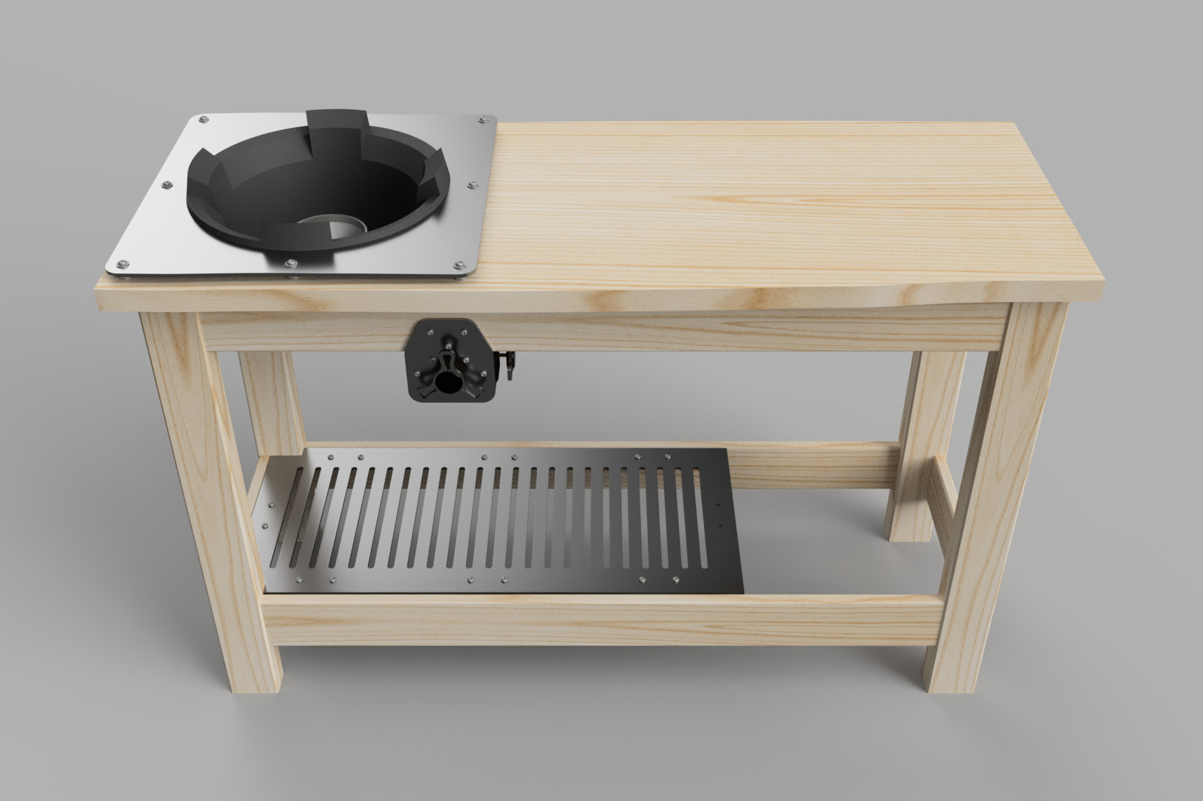A rendered image of the cooking station. It is a pine bench with a wok burner mounted on in the benchtop on the left side, along with associated heat shield and gas valve block.
