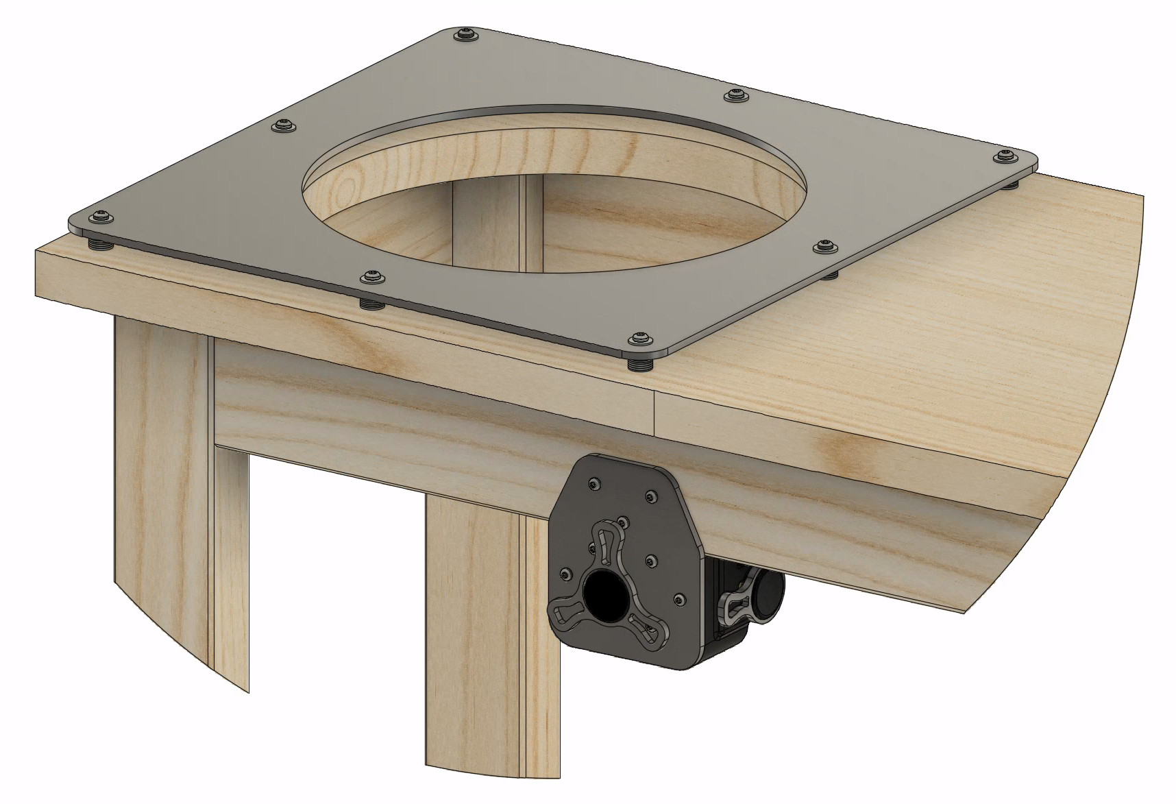 A mechanical drawing showing the detail of the mostly-square burner mounting plate, which is raised off the benchtop by stacks of washers and screwed down in 8 places.