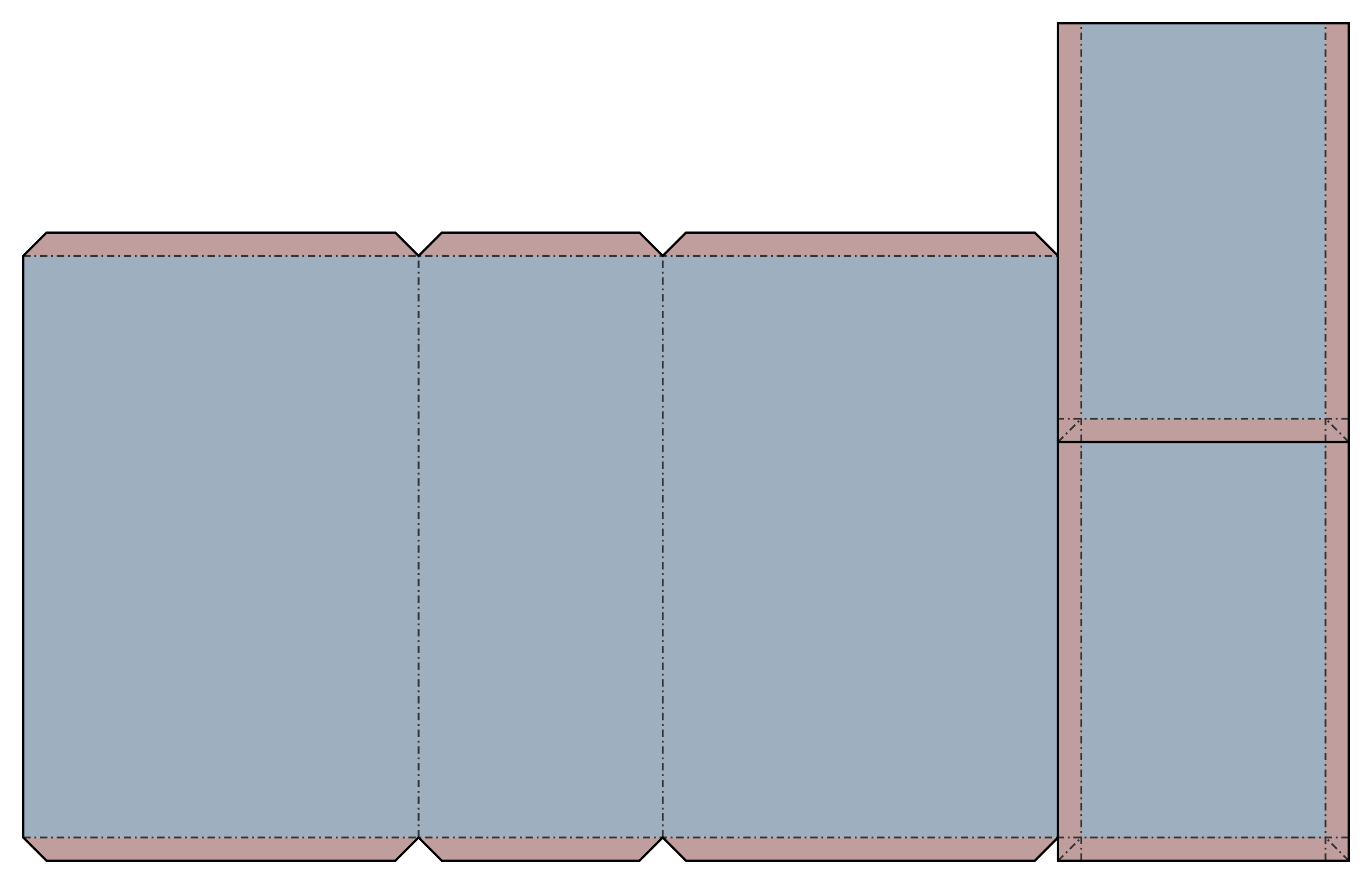 A cutting plan showing the shape of 3 rectangular panels, with one having glue tabs.
